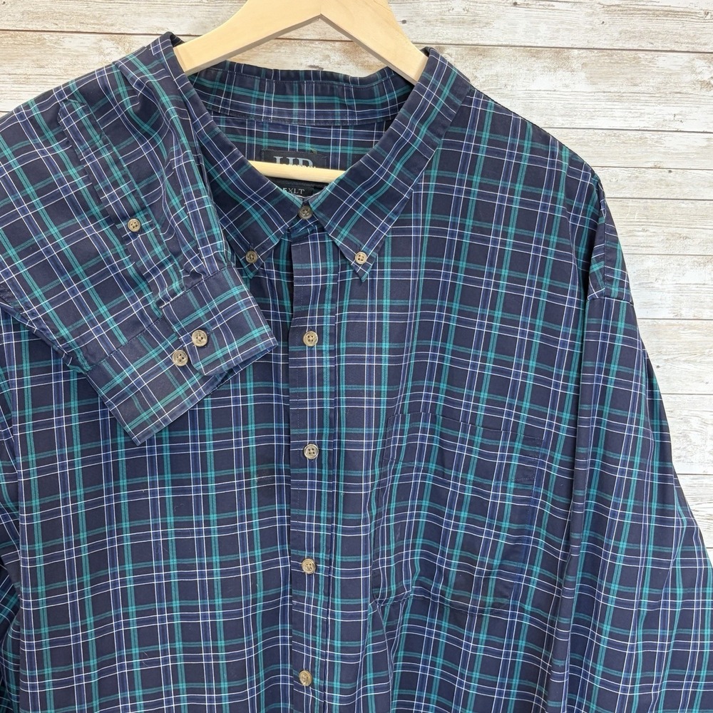Harbor Bay HB Mens 5XLT Shirt Plaid Navy & Green Button Down Long Sleeve Comfort